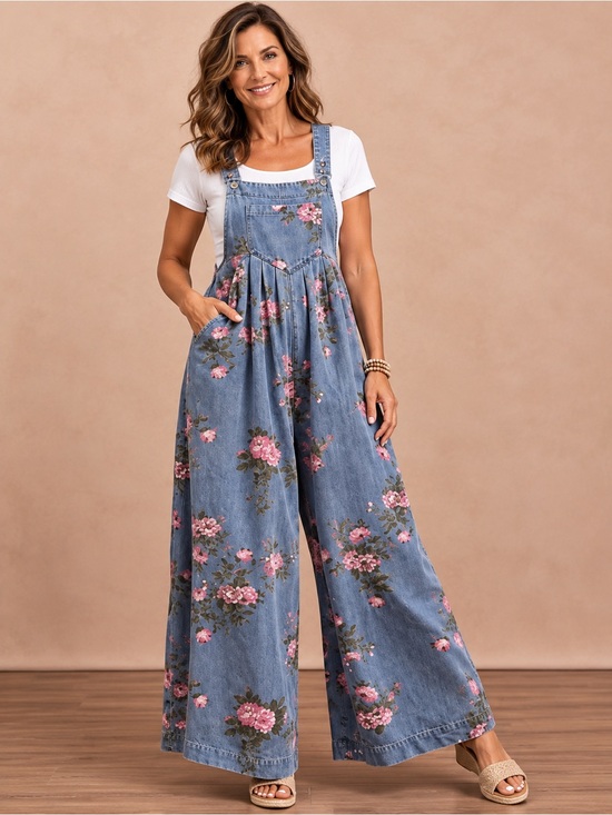 BiBi Pants - BiBi Blue Floral Wide-Leg Denim Overalls with Pink Roses